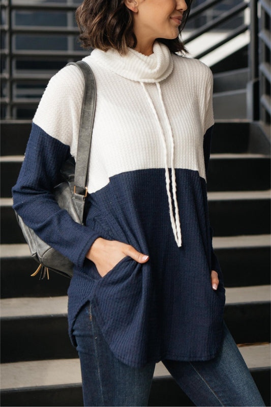 Rise Above Cowl Neck In Blue & White