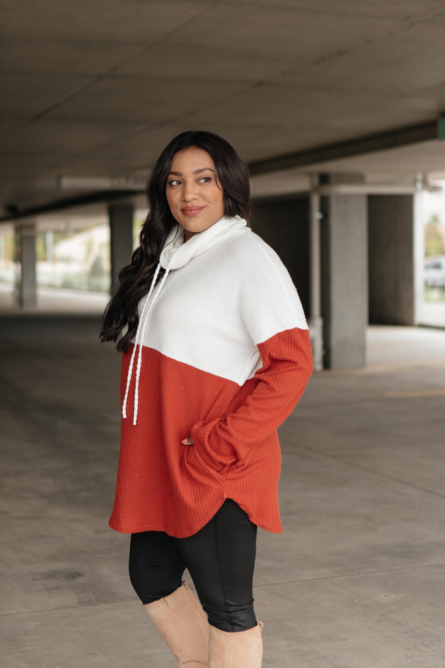 Rise Above Cowl Neck In Rust & White