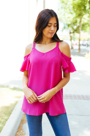 Ruffled Cold Shoulder Blouse In Hot Pink