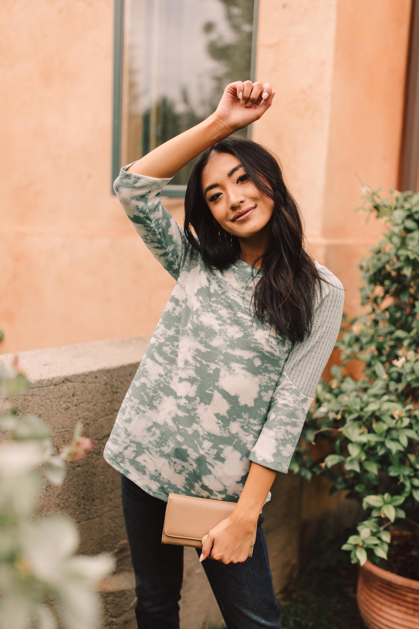 Sage Waffle Knit & Tie Dye Top