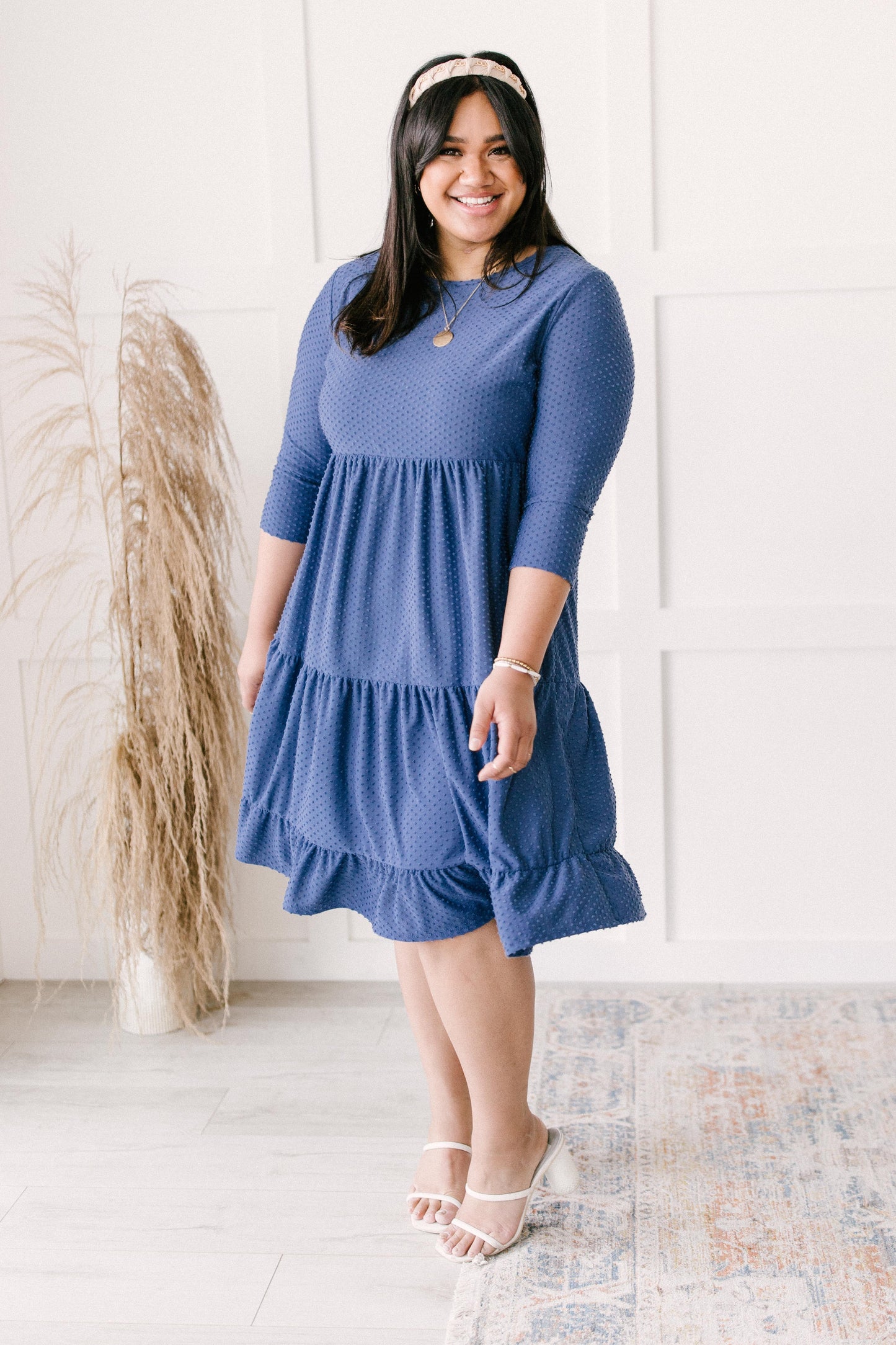 Sara Swiss Dot Dress in Slate Blue