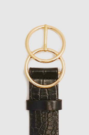 Black Snakeskin Double Circle Designer Inspired Metal Buckle Leatherette Belt