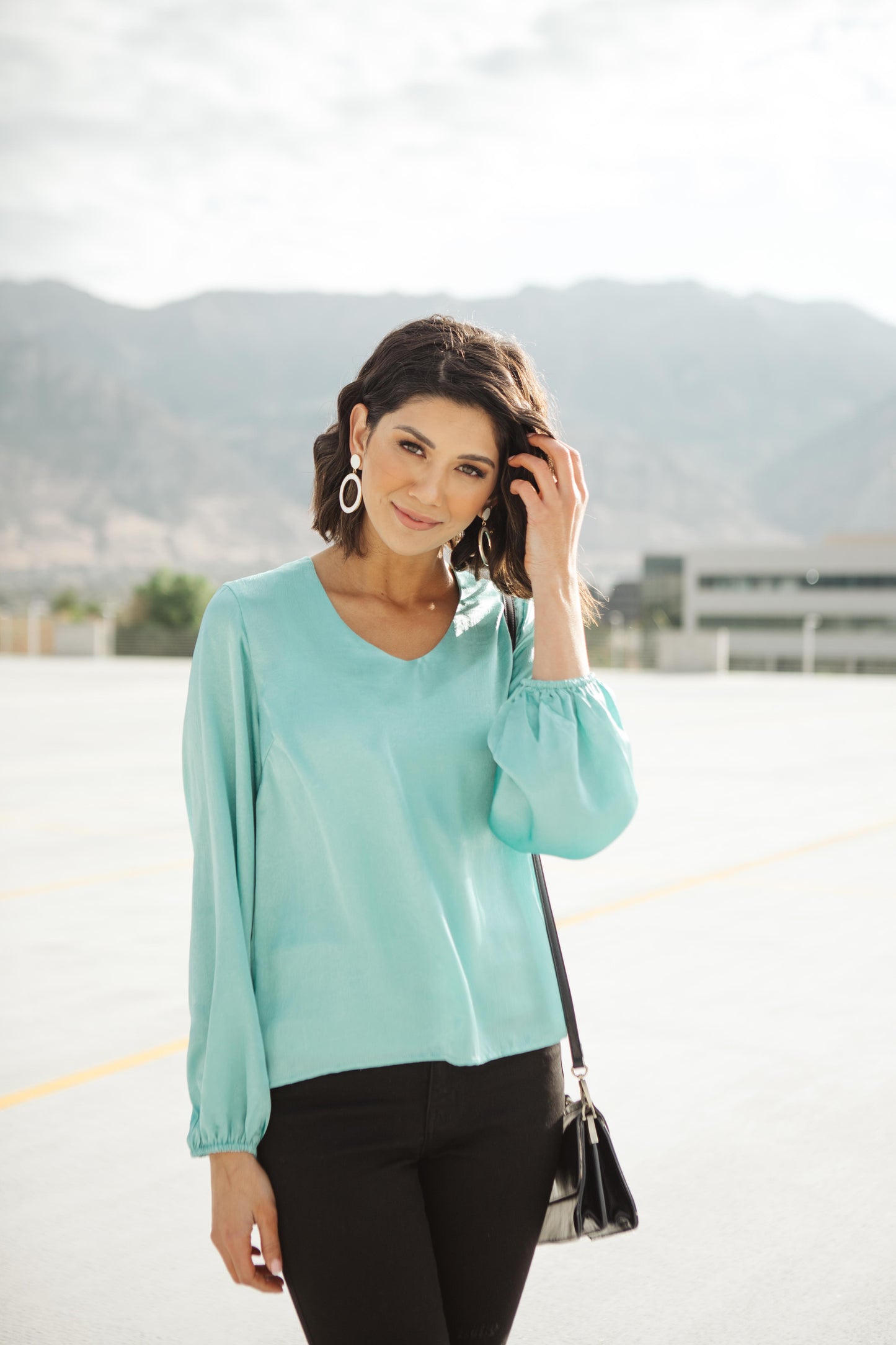 Silky Satin V-Neck Blouse In Aqua