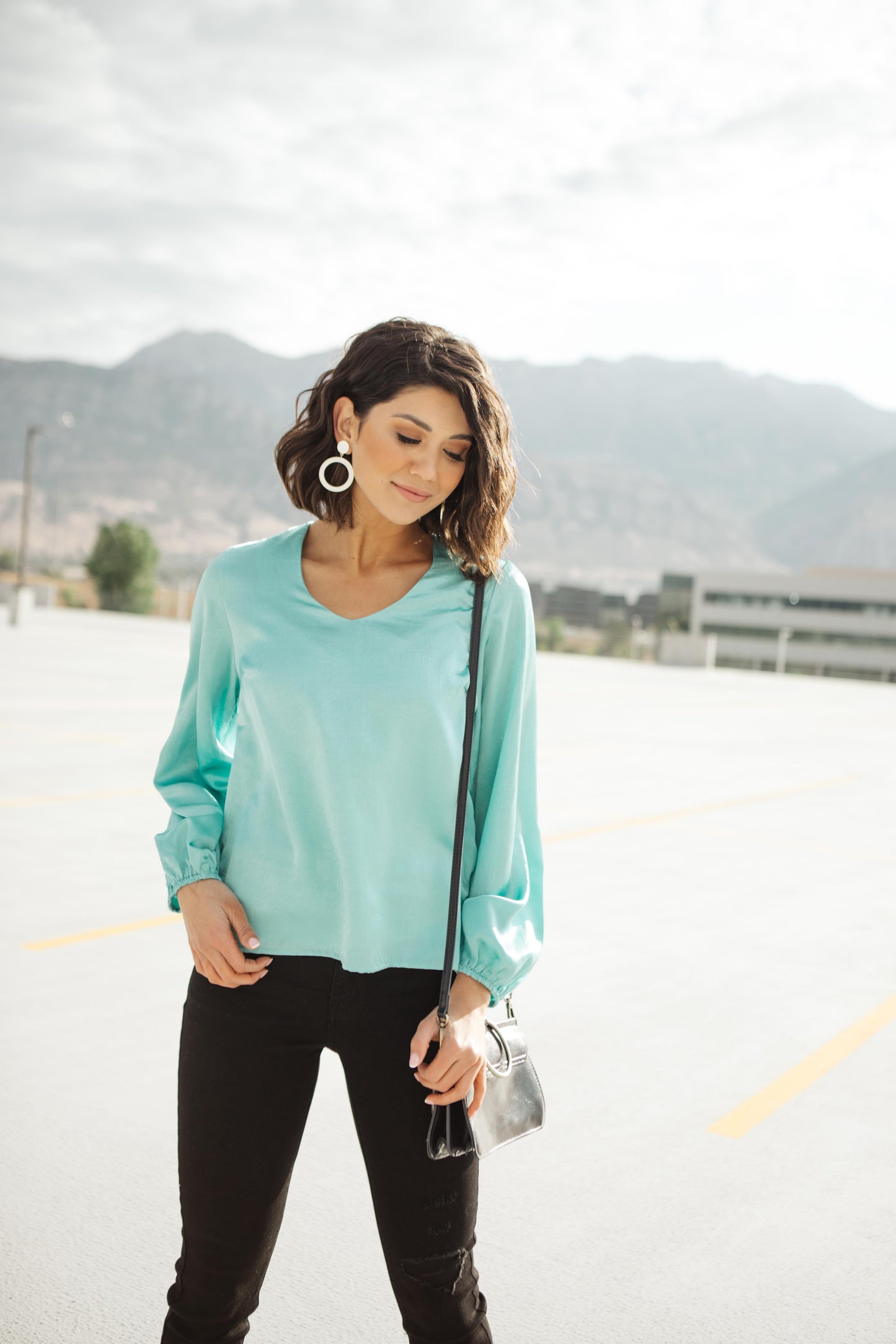 Silky Satin V-Neck Blouse In Aqua