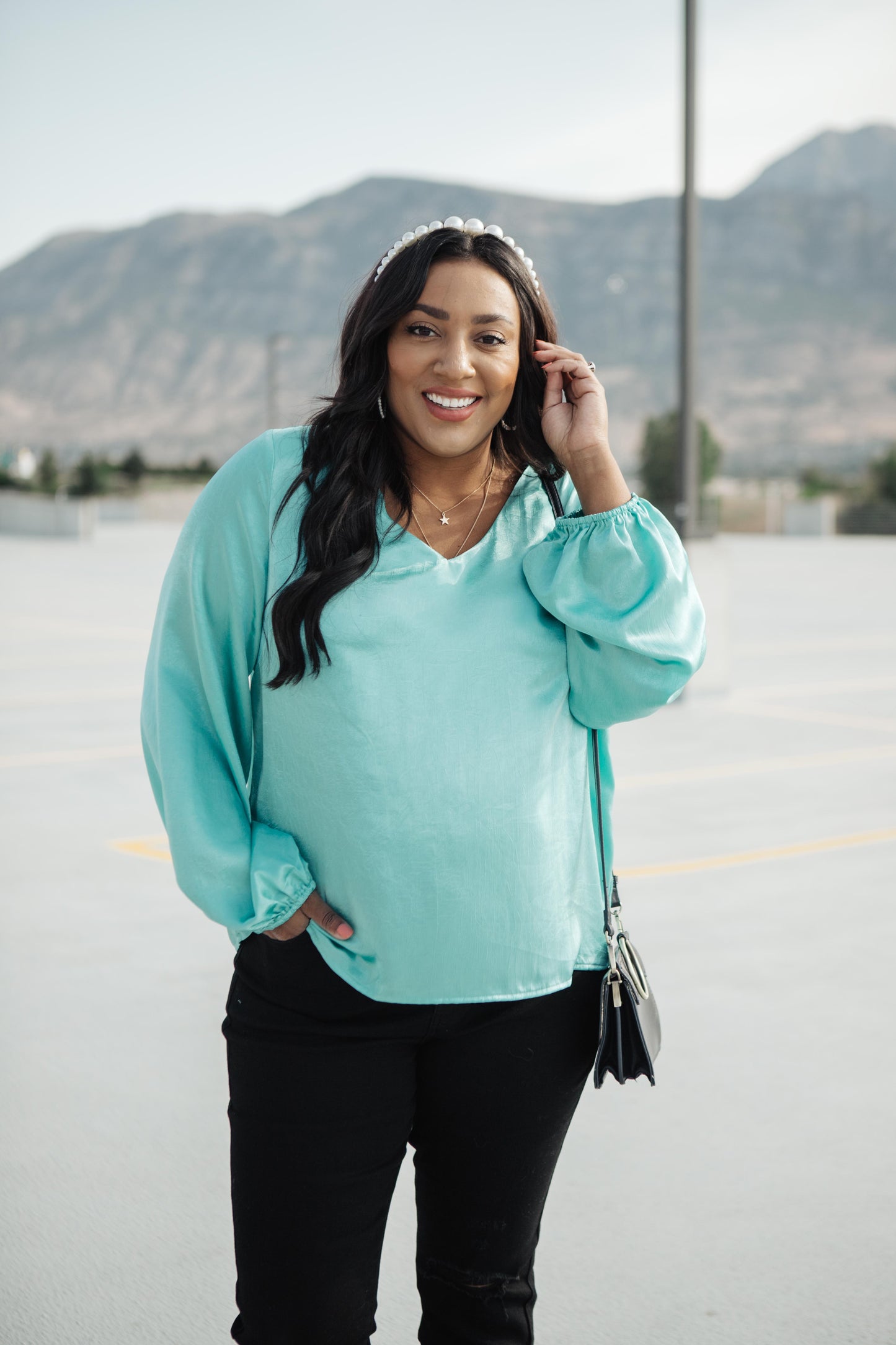 Silky Satin V-Neck Blouse In Aqua