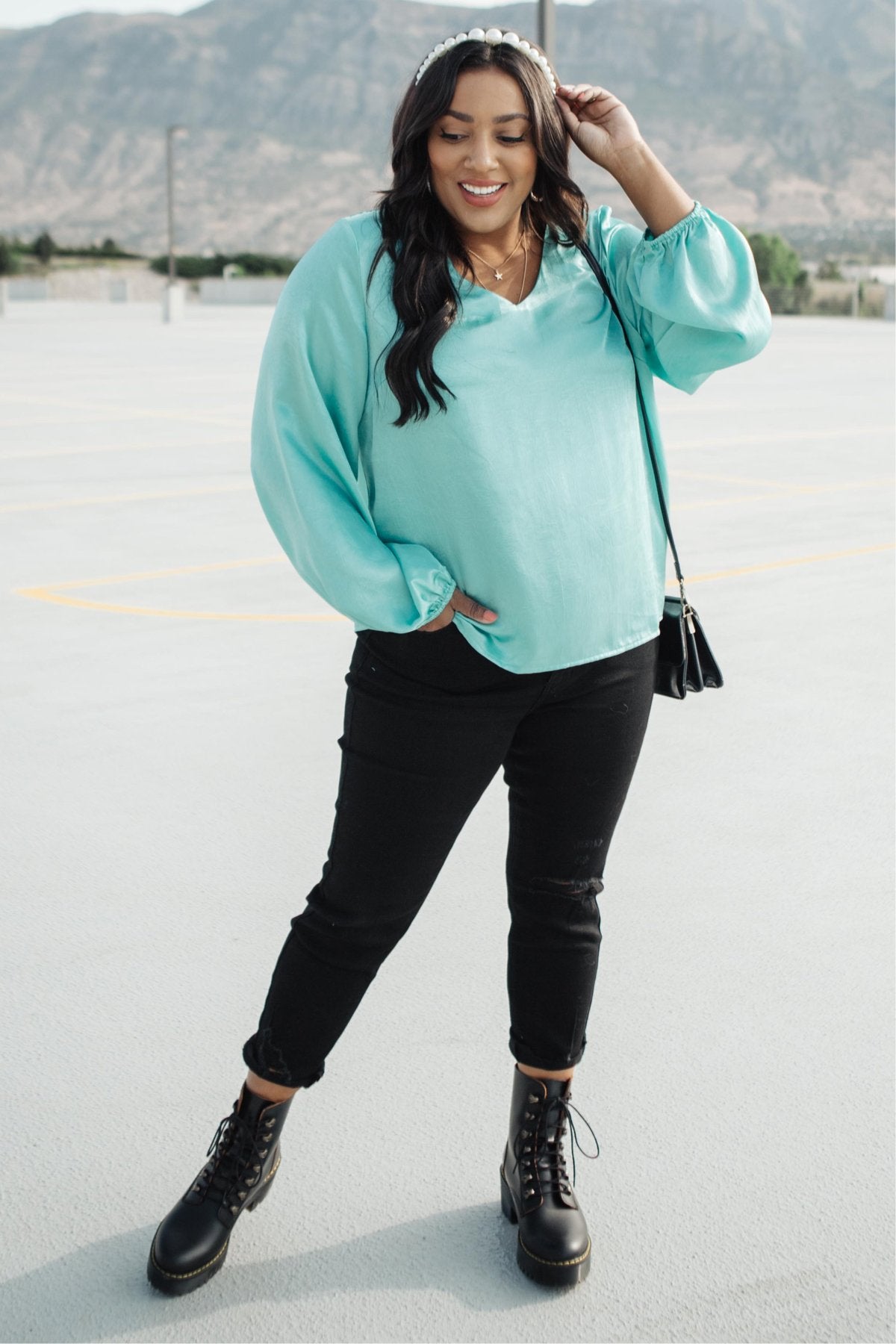Silky Satin V-Neck Blouse In Aqua