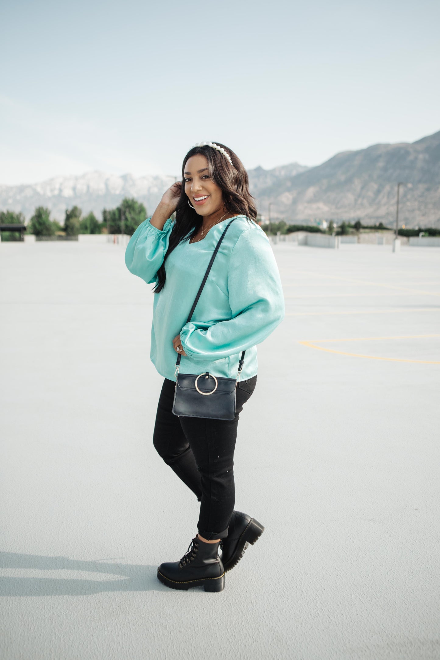 Silky Satin V-Neck Blouse In Aqua