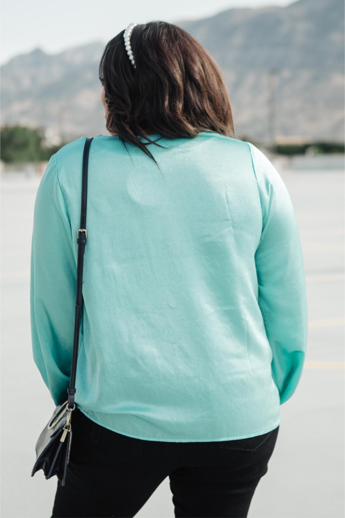 Silky Satin V-Neck Blouse In Aqua