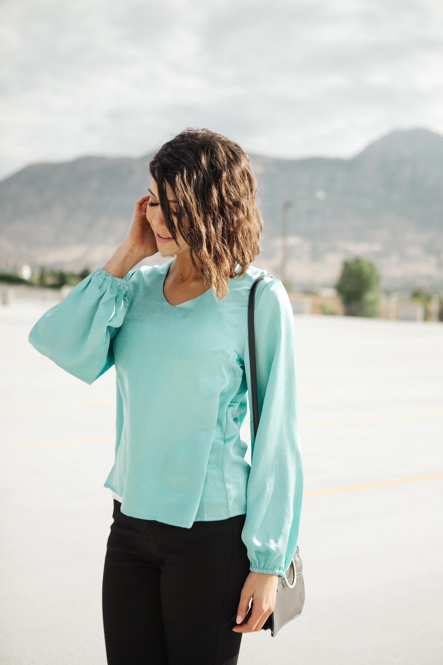Silky Satin V-Neck Blouse In Aqua