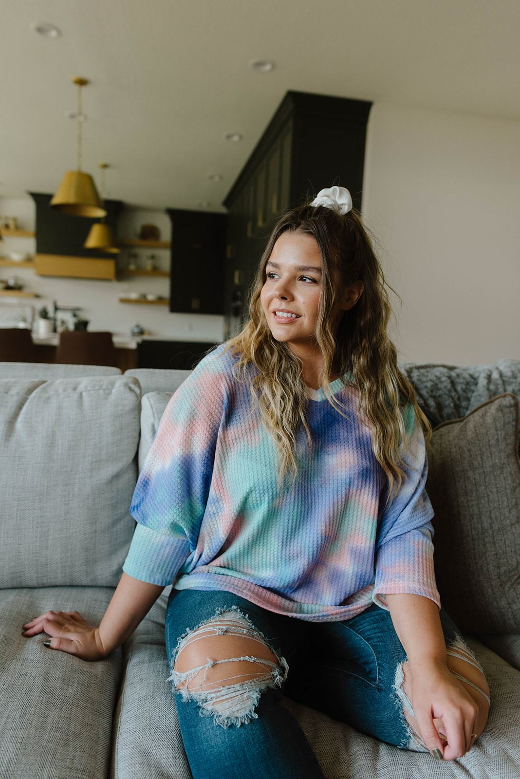 Textured Tie Dye V-Neck Top