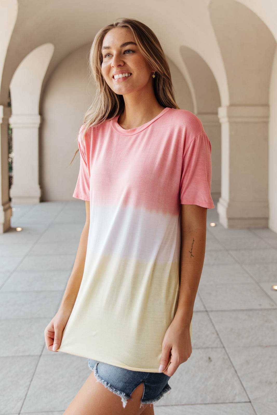 Tie Dye Color Block Tee In Coral & Yellow