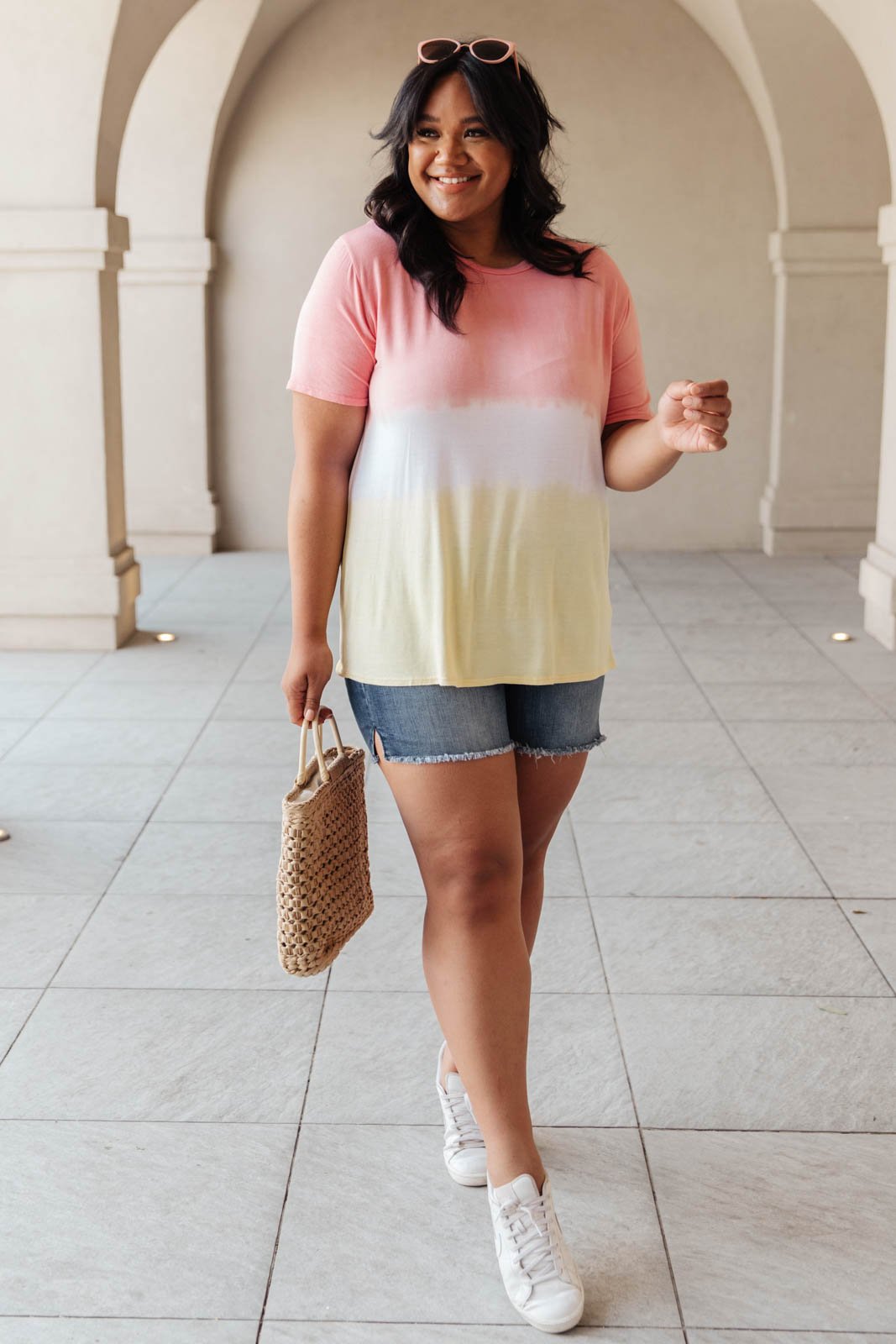 Tie Dye Color Block Tee In Coral & Yellow