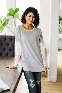 All Talk Ribbed Colorblock Top In Gray