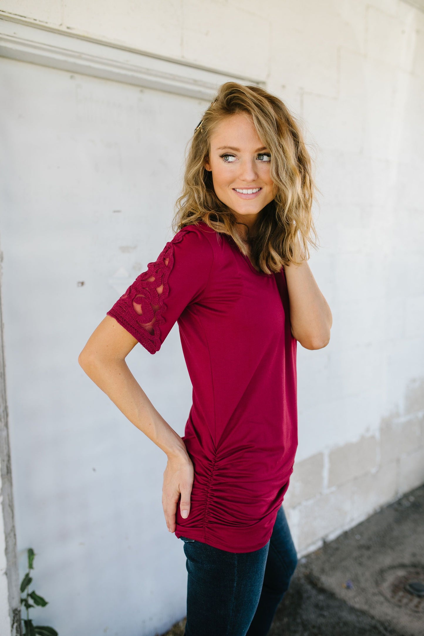 Armed With Lace Top In Burgundy