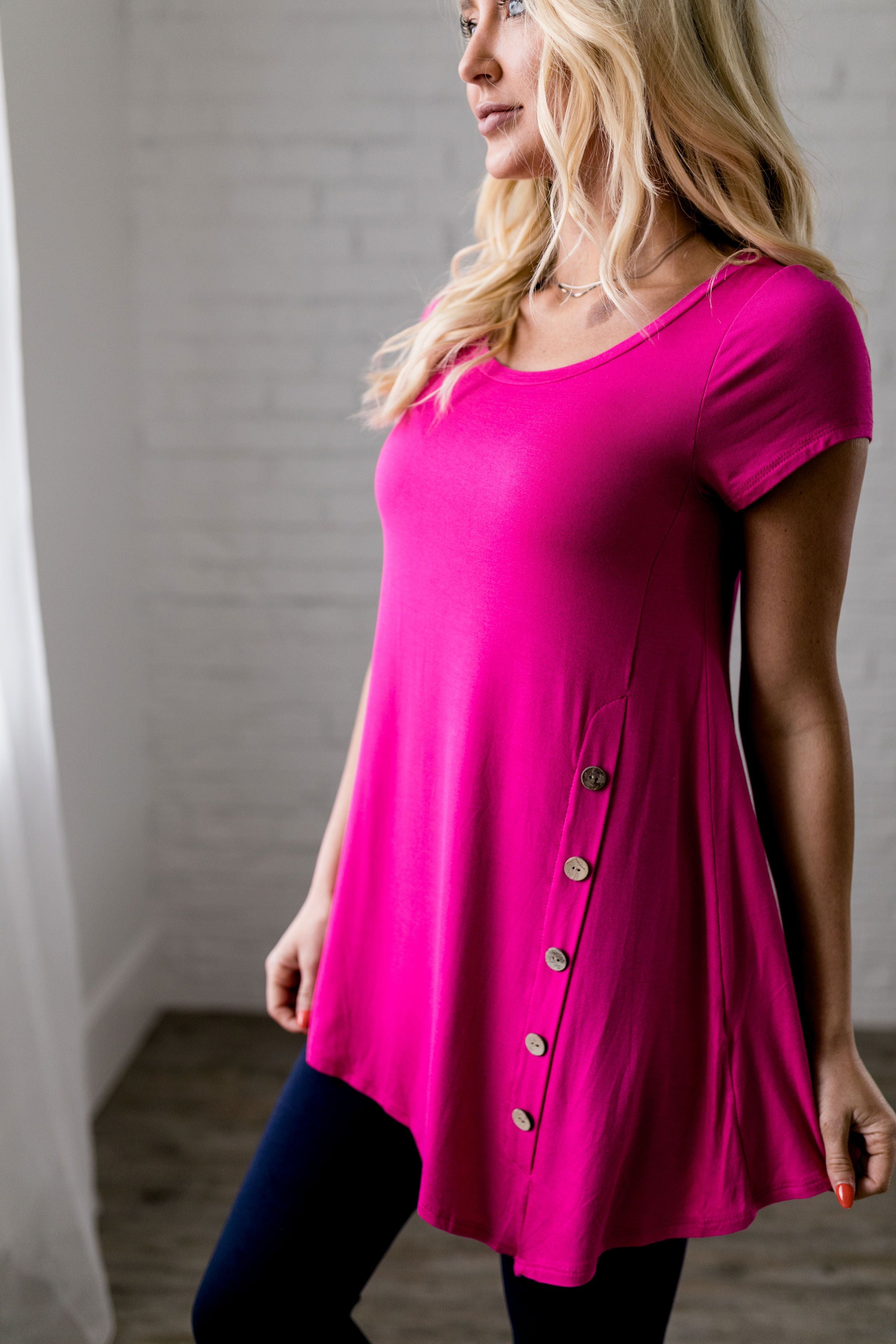 Asymmetrical Buttons Tunic In Hot Pink
