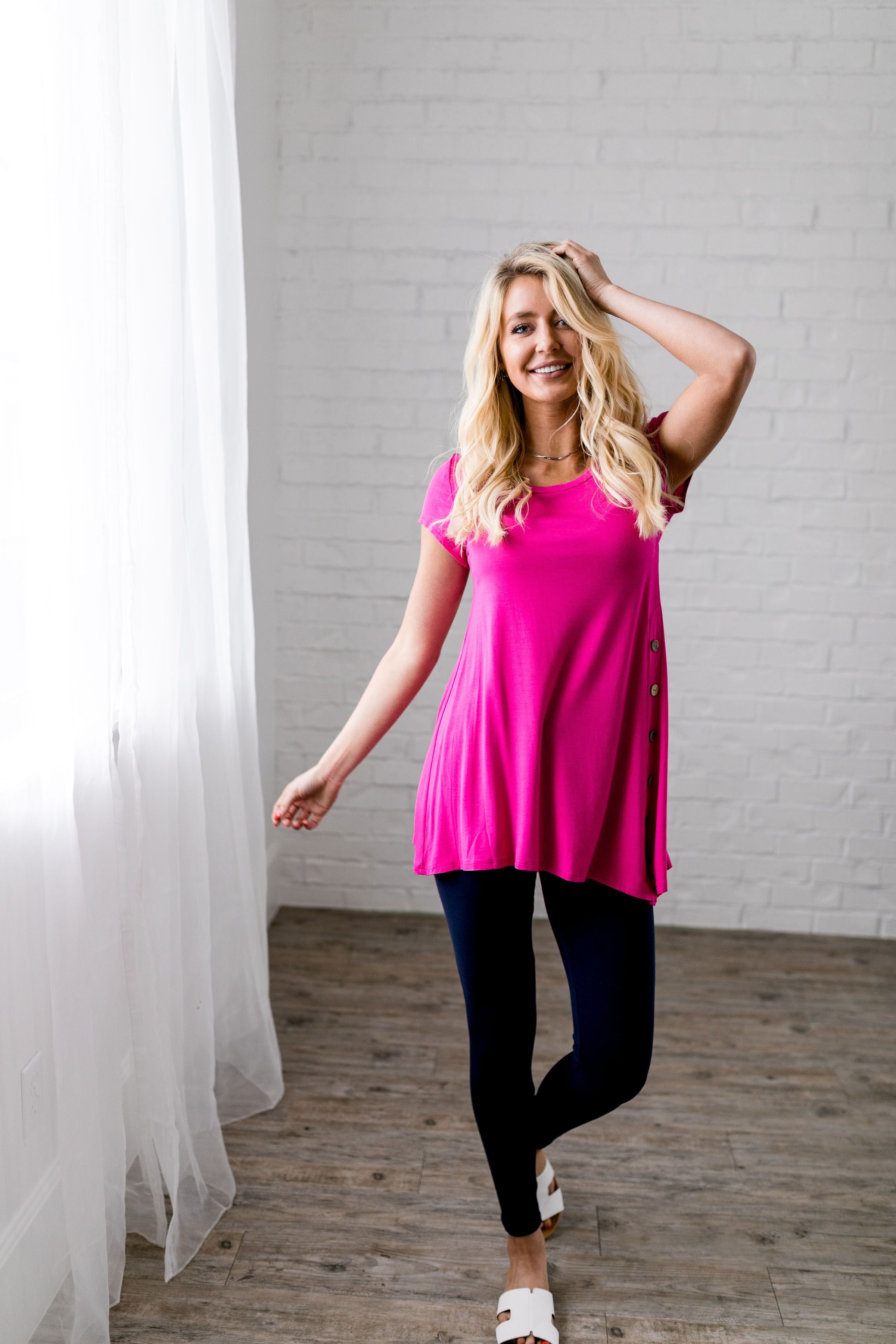 Asymmetrical Buttons Tunic In Hot Pink