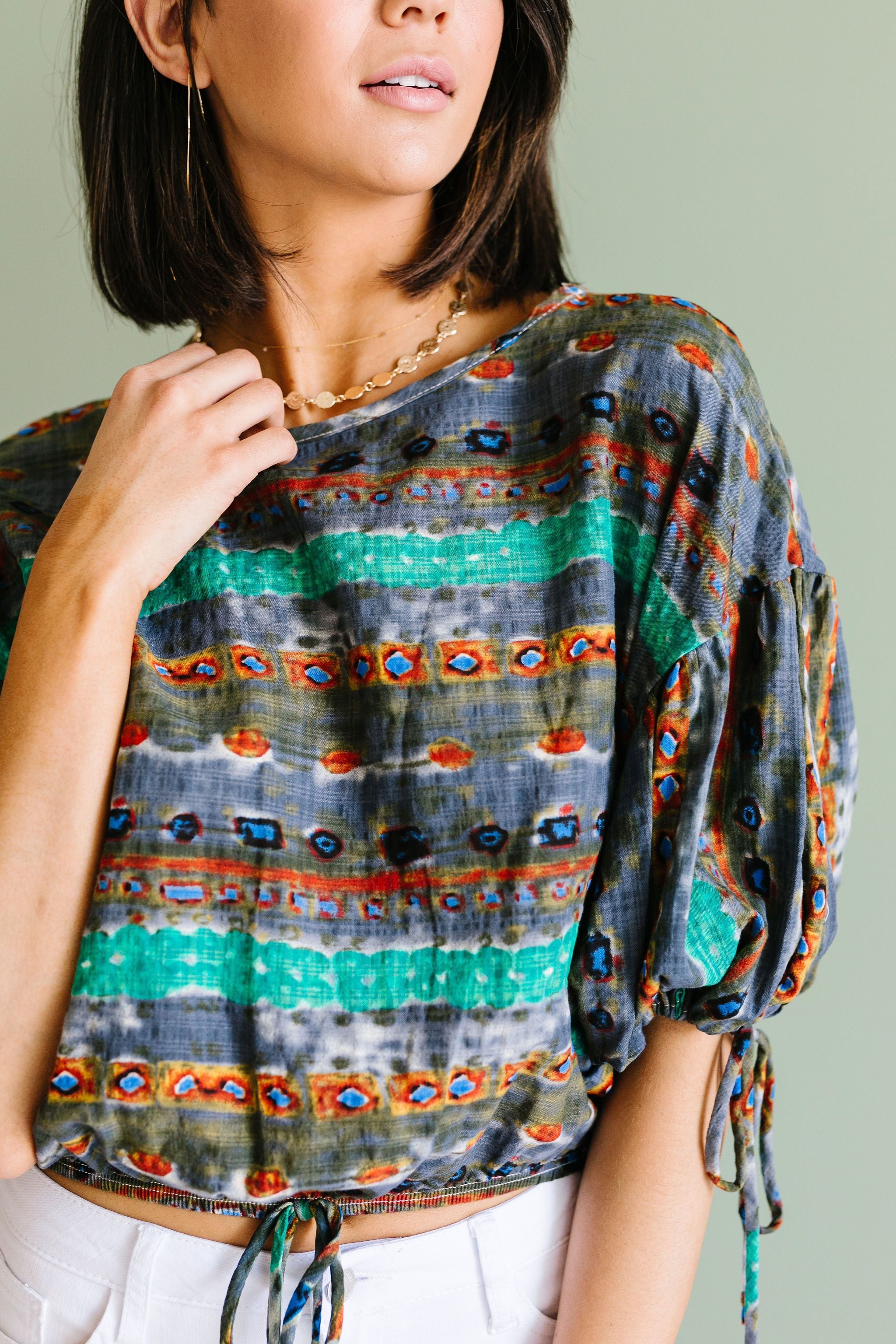 Bishop Sleeve Boho Crop Top In Green & Gray
