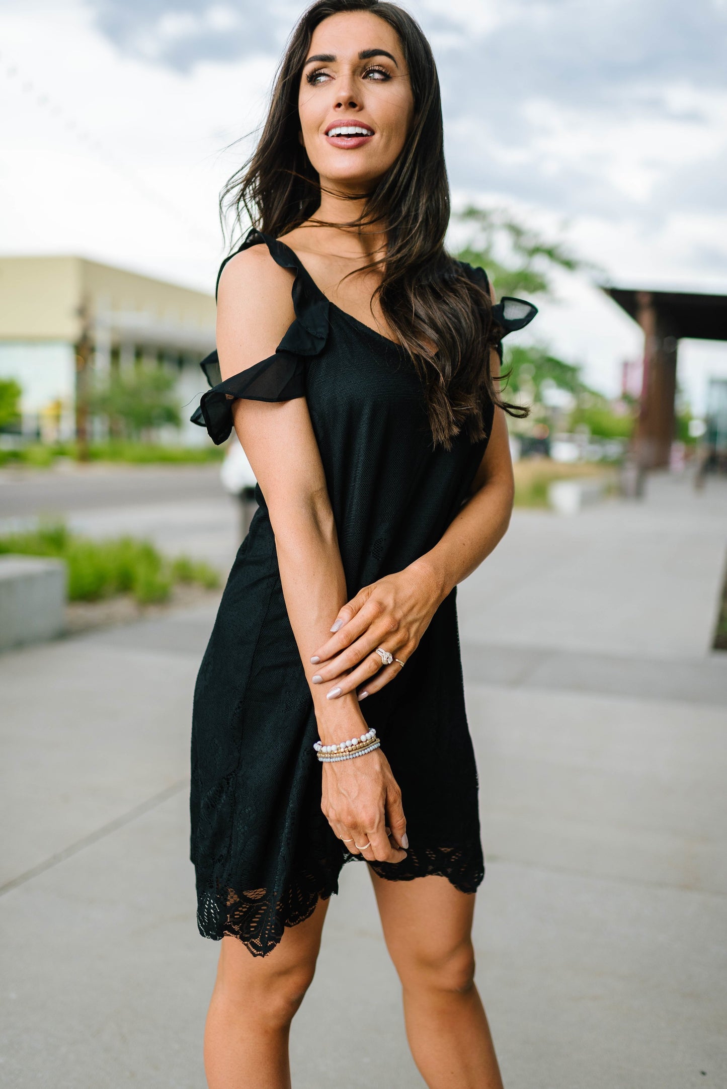 Black Lace Cold Shoulders Dress