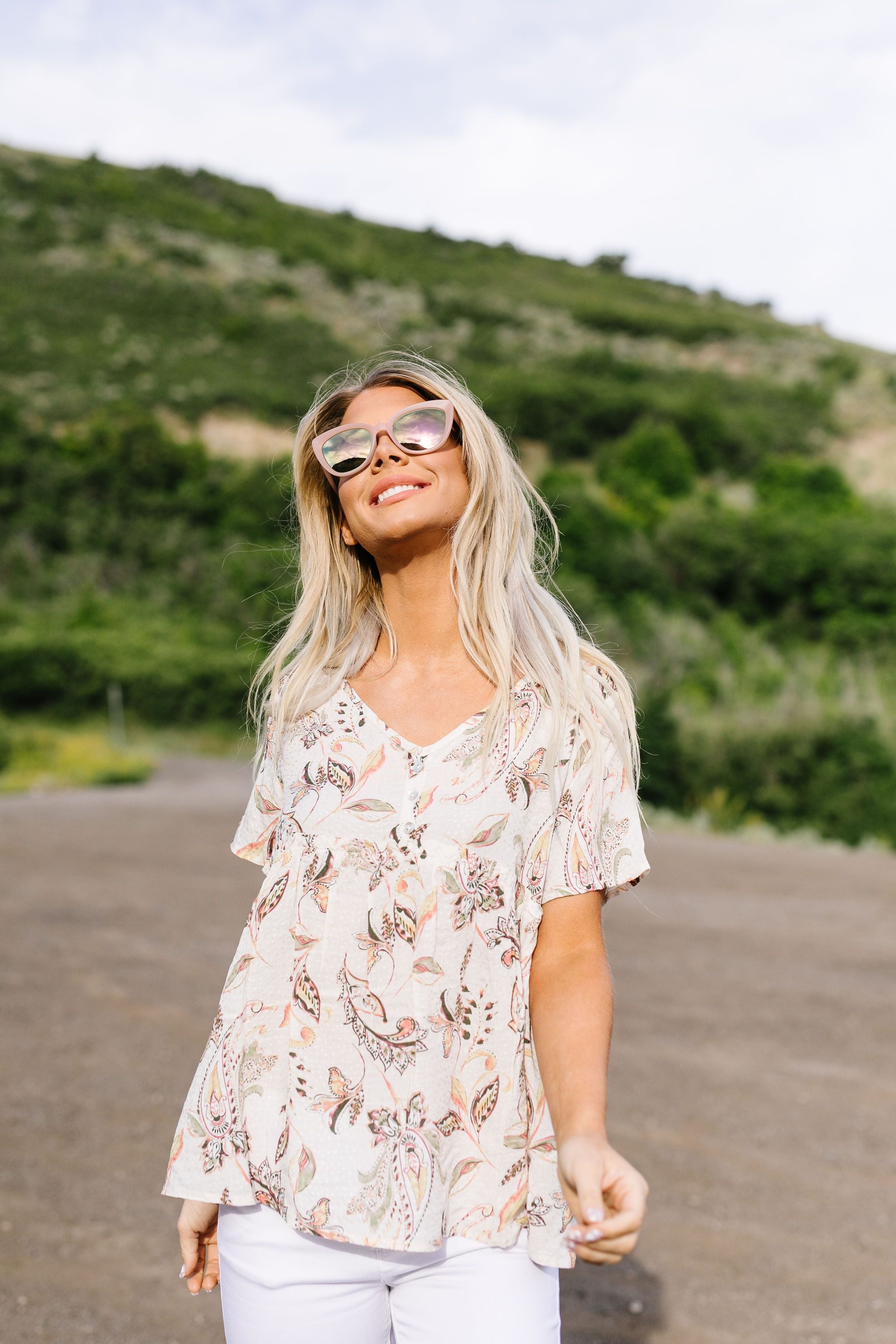 Bliss Swiss Dot Floral Top In Ivory