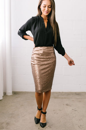 Born To Shine Sequined Pencil Skirt In Bronze - ALL SALES FINAL