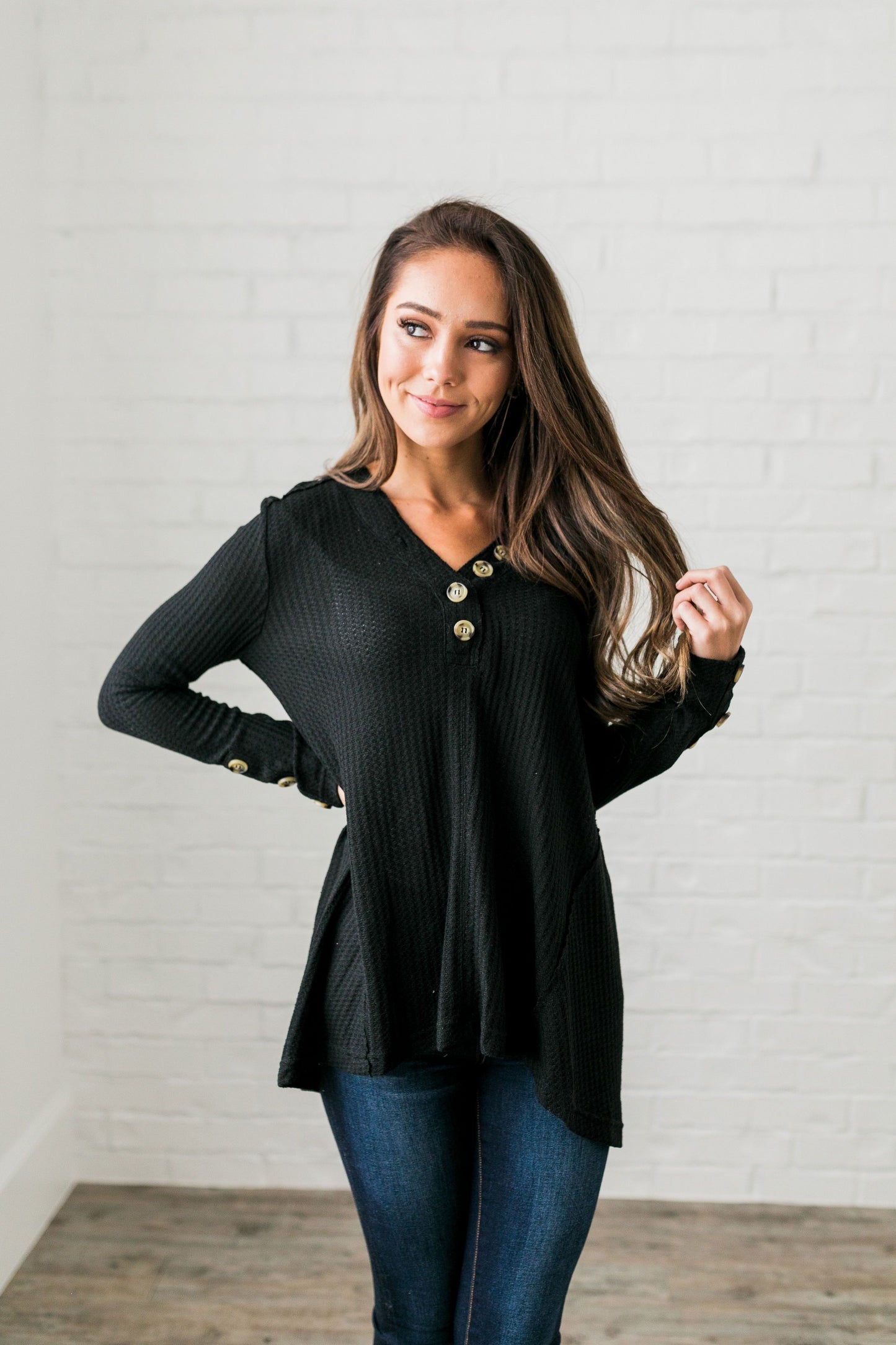 Bountiful Buttons V-Neck In Black