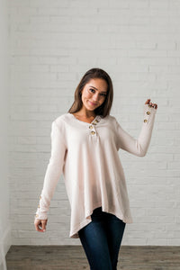 Bountiful Buttons V-Neck In Natural - ALL SALES FINAL