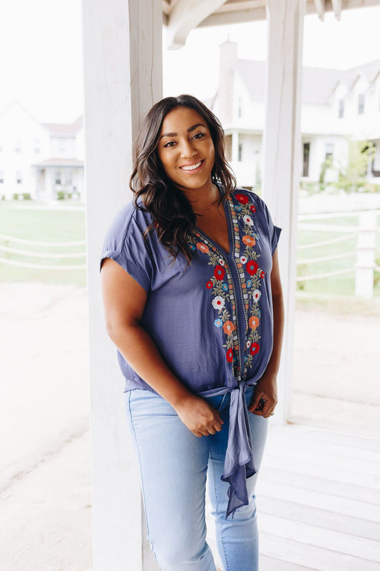 Bright Floral Embroidered Top In Navy