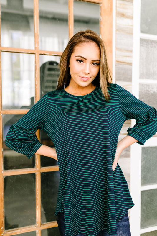 Bubble Sleeve Striped Top In Navy + Green - ALL SALES FINAL