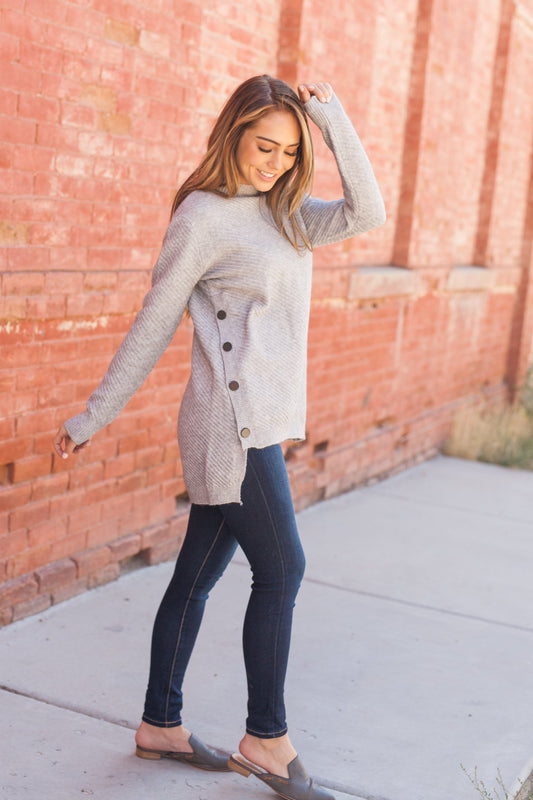 Buttons On The Side High Low Sweater In Gray - ALL SALES FINAL