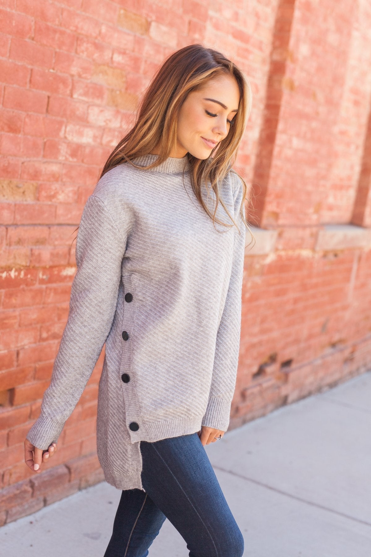 Buttons On The Side High Low Sweater In Gray - ALL SALES FINAL