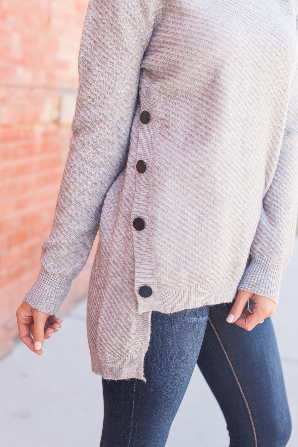 Buttons On The Side High Low Sweater In Gray - ALL SALES FINAL