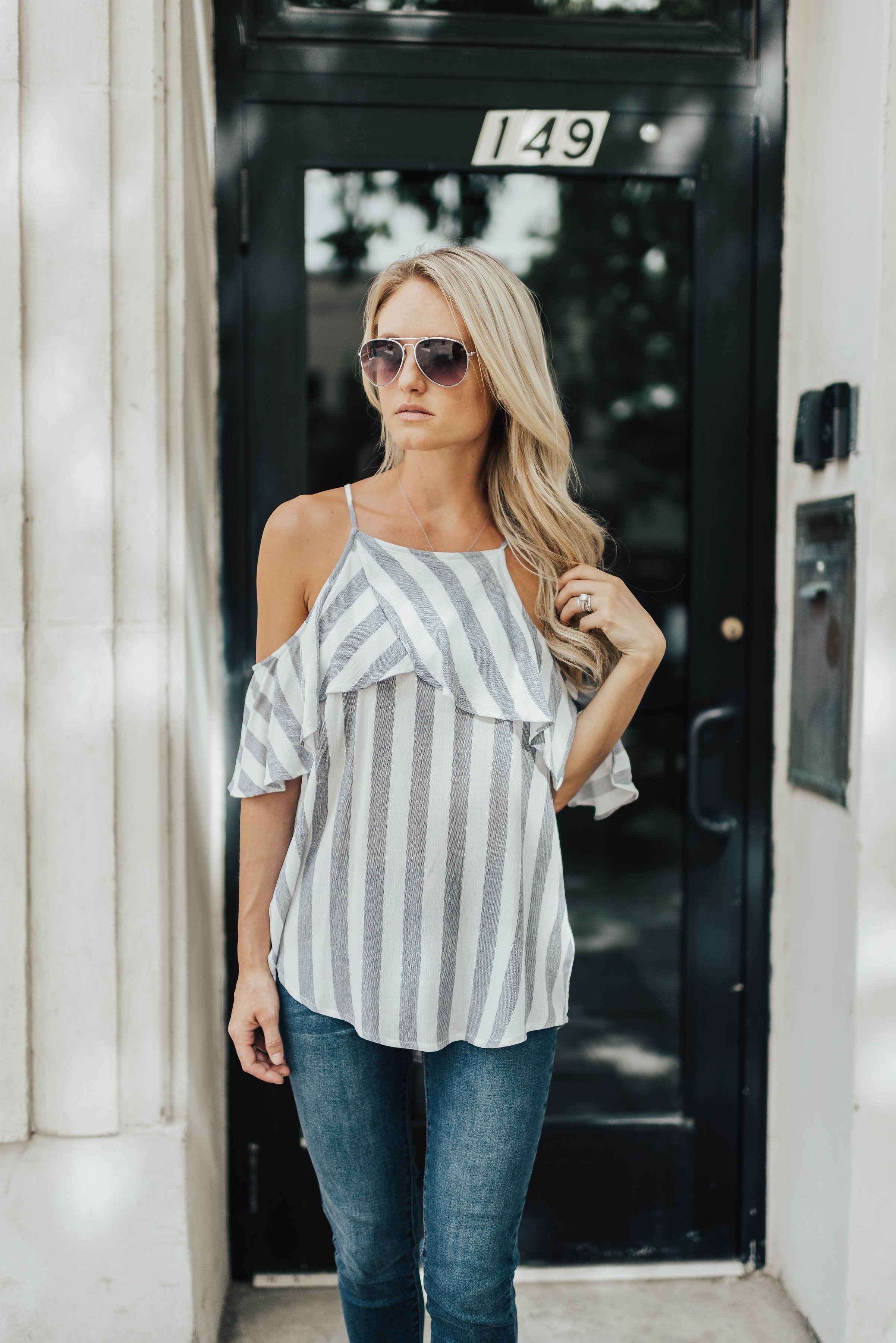 Cascade Striped Cold Shoulder Top
