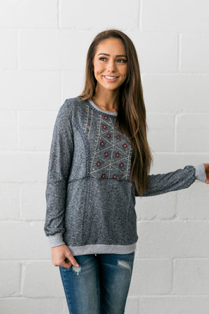 Casual Elegance Embroidered Top In Navy - ALL SALES FINAL