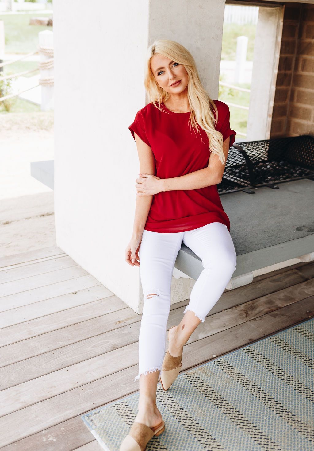 Chelsea Rolled Sleeve Top In Ruby Red
