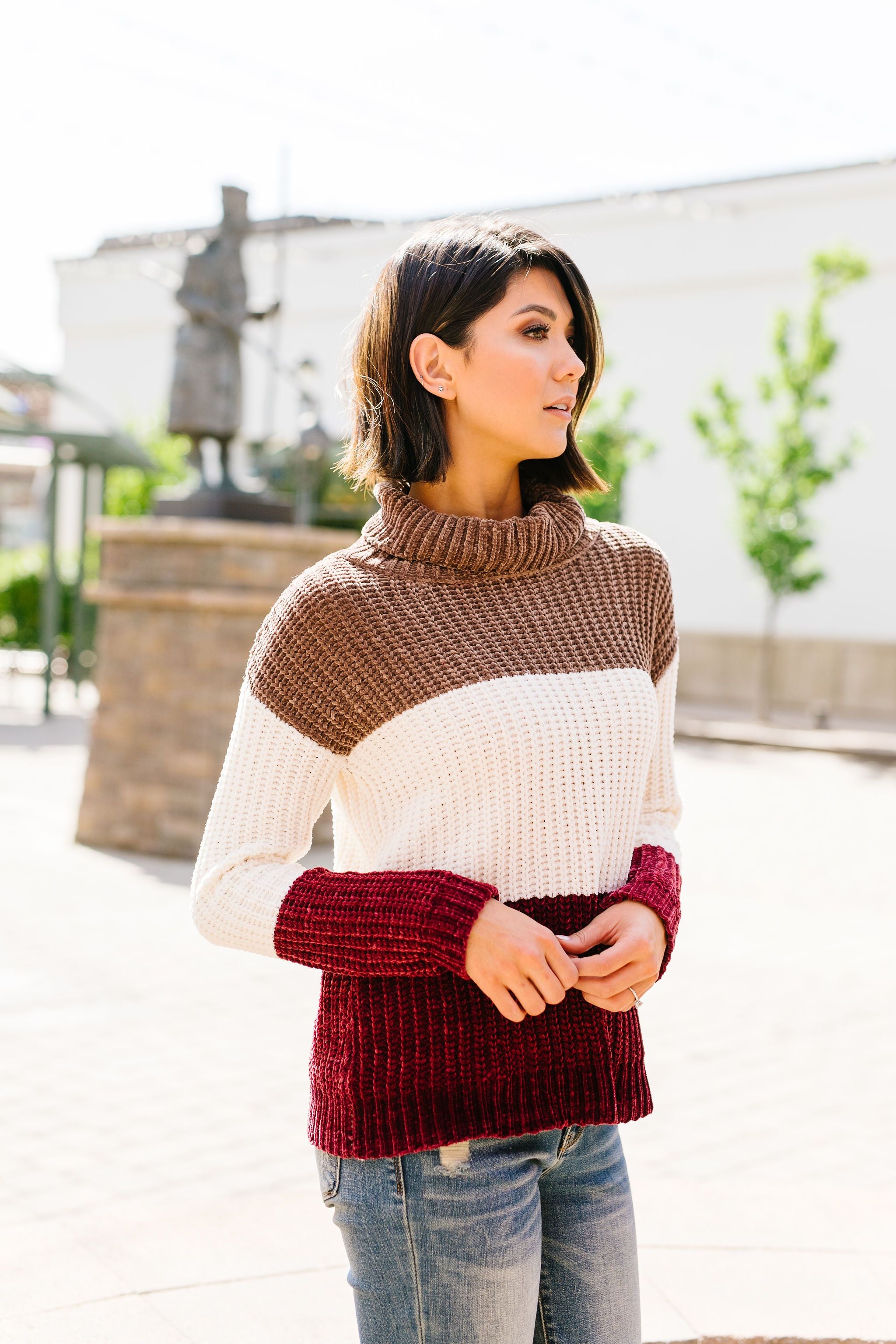 Chenille Color Block Turtleneck Sweater