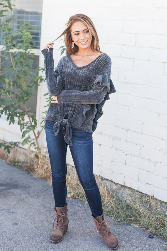 Chic Chenille Ruffled Tie Front Top - ALL SALES FINAL