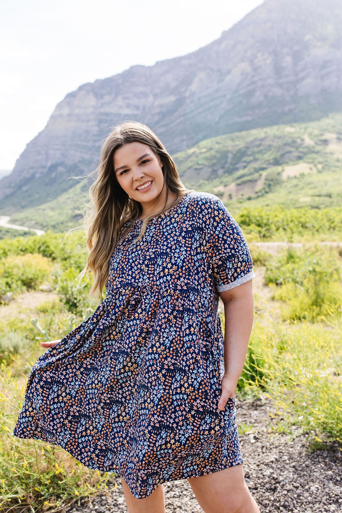 Clusters of Flowers Dress In Navy