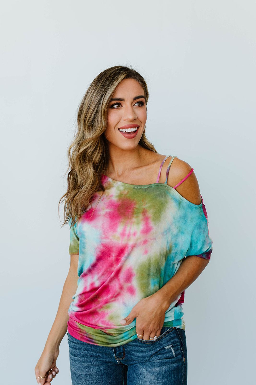Cold Shoulder Rays Tie Dye Top