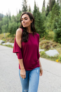 Cold Shoulders Warm Heart Top in Burgundy - ALL SALES FINAL
