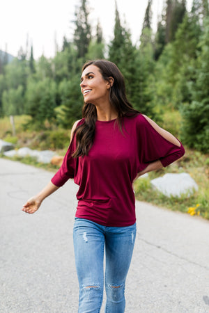 Cold Shoulders Warm Heart Top in Burgundy - ALL SALES FINAL