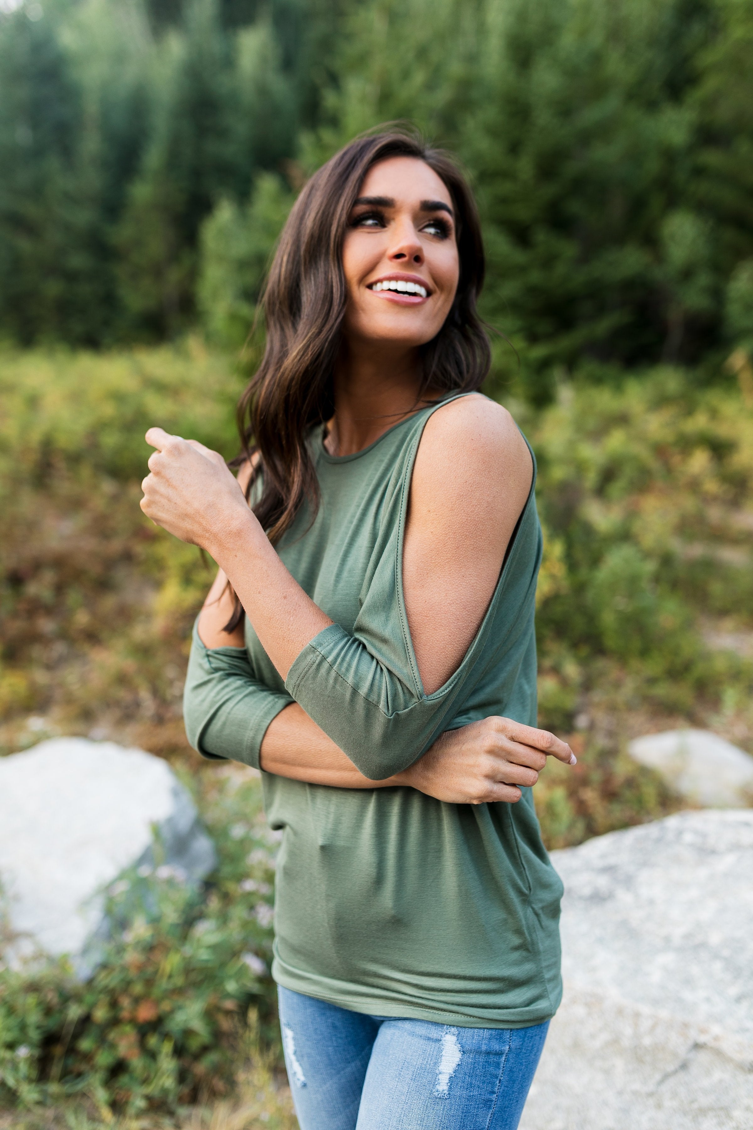 Cold Shoulders Warm Heart Top in Olive - ALL SALES FINAL