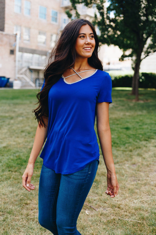 Contrasting Criss Cross Tee In Royal + Gray