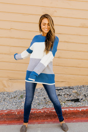 Cozy Casual Color Block Sweater In Blue - ALL SALES FINAL