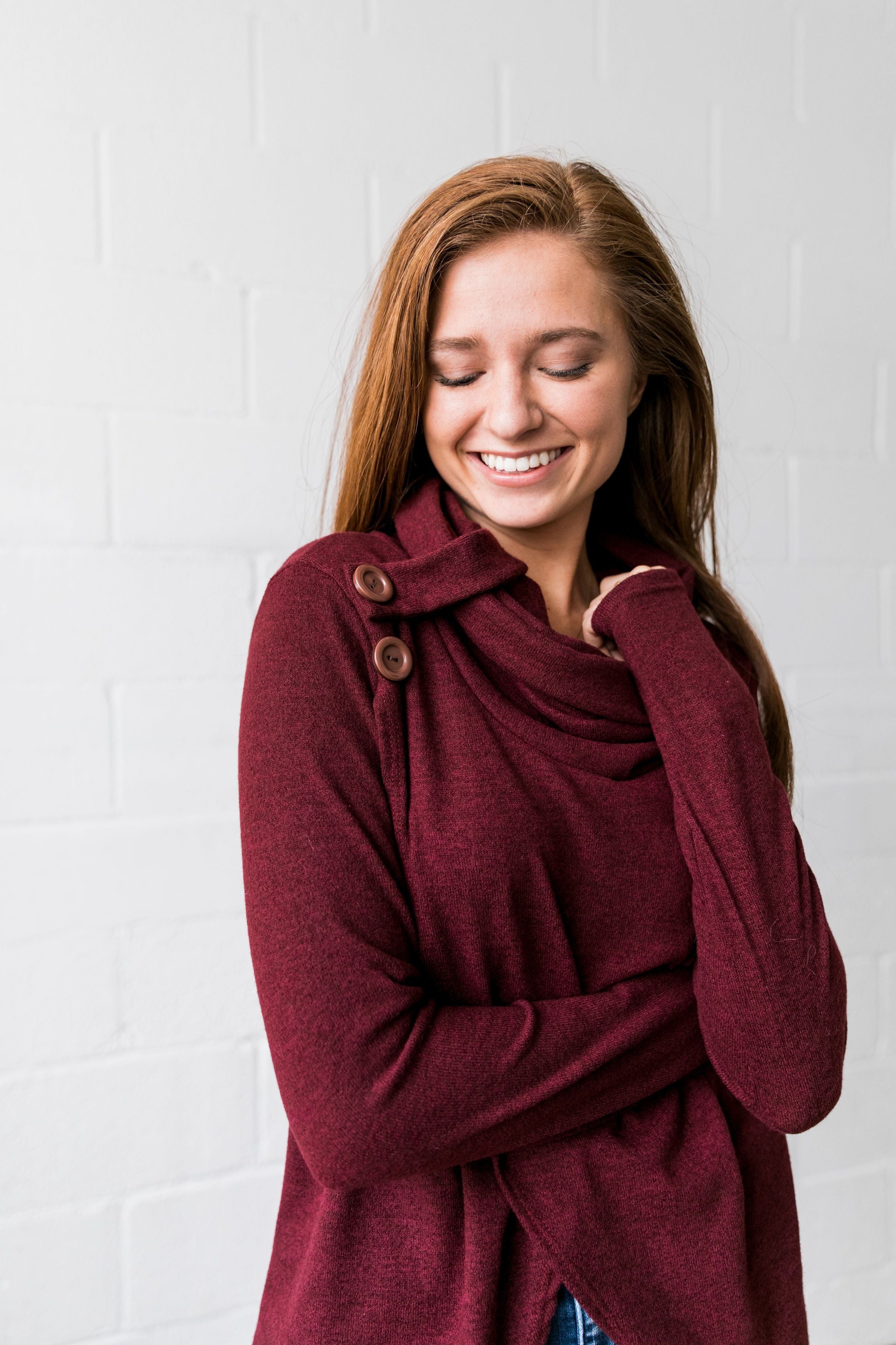 Cute As A Button Cowl Neck Sweater In Burgundy