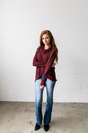 Cute As A Button Cowl Neck Sweater In Burgundy