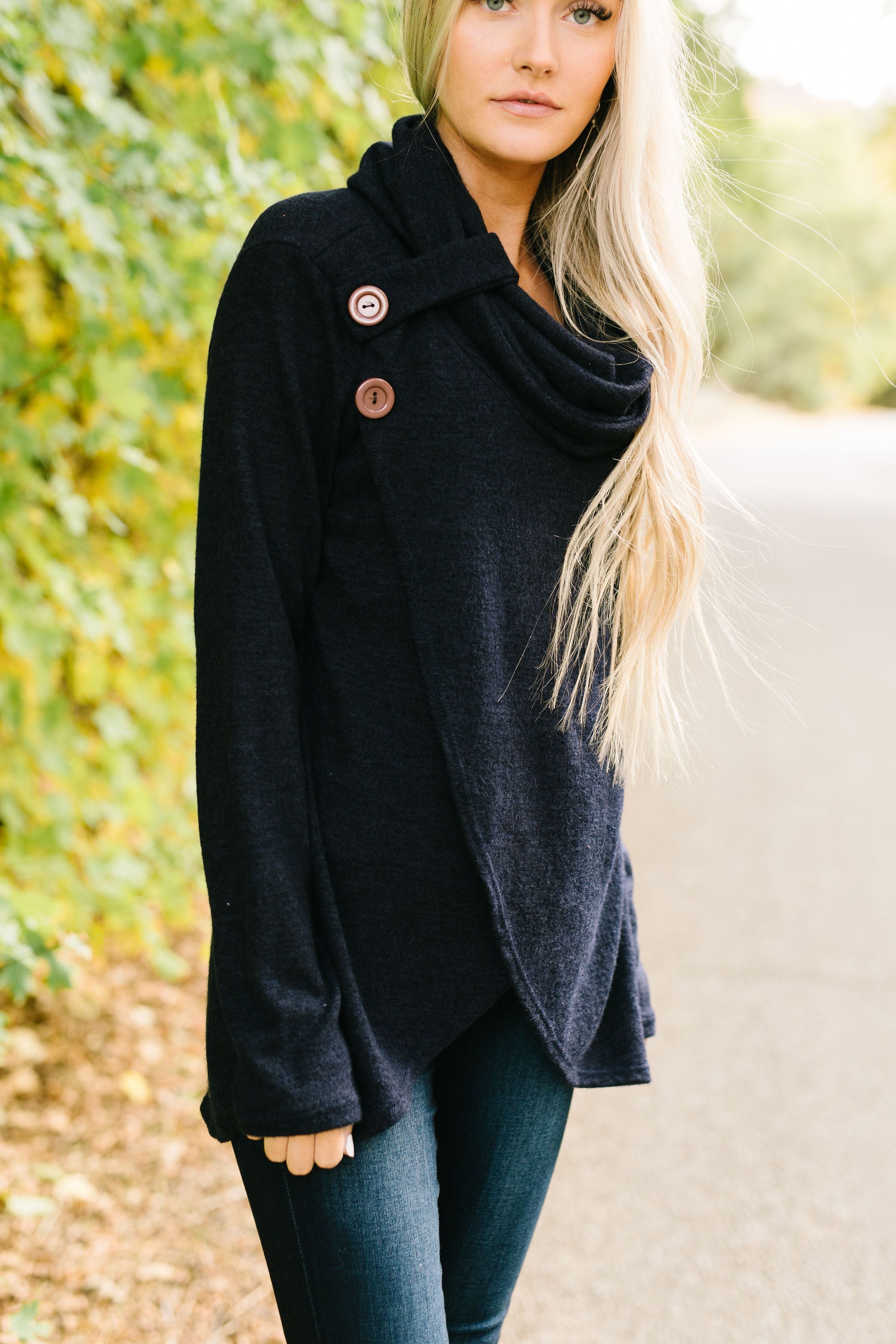 Cute As A Button Cowl Neck Sweater In Navy