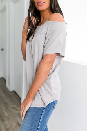 Cutting Edge Cold Shoulder Top In Taupe