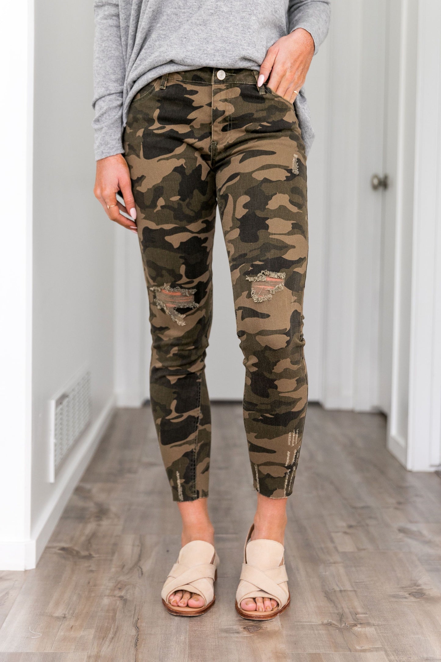 Distressed Mid Rise Camo Jeans - ALL SALES FINAL