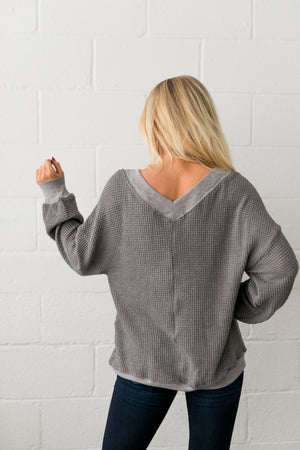 Double V Waffle Knit Top In Gray - ALL SALES FINAL