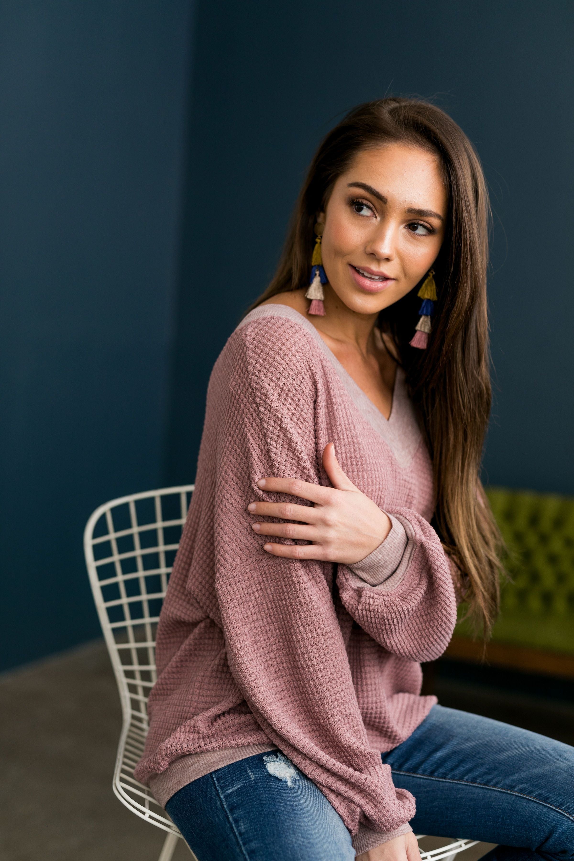 Double V Waffle Knit Top In Mauve - ALL SALES FINAL